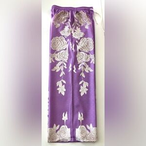Hi-waist wide leg Lavender rose, print Linen look pant elastic  poly pockets XL